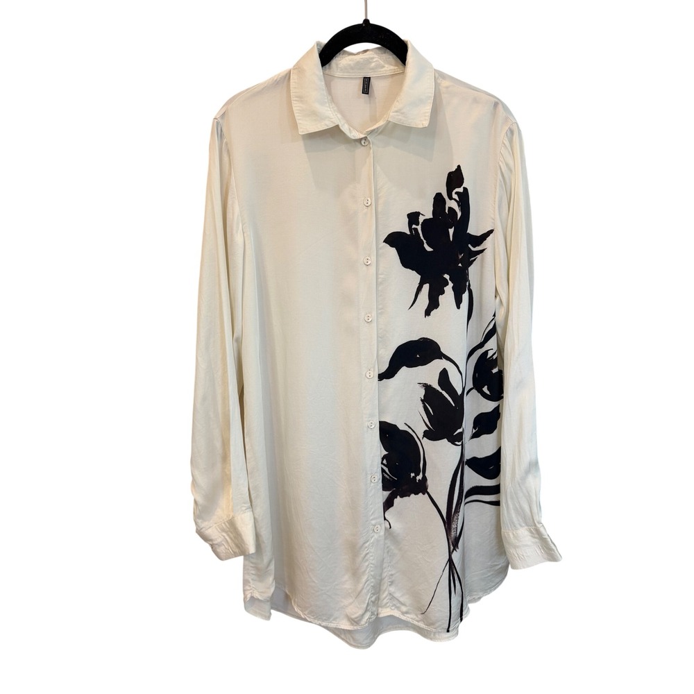 Intimissimi Sleepelss Nights Satin White Black Floral Button Down Shirt M